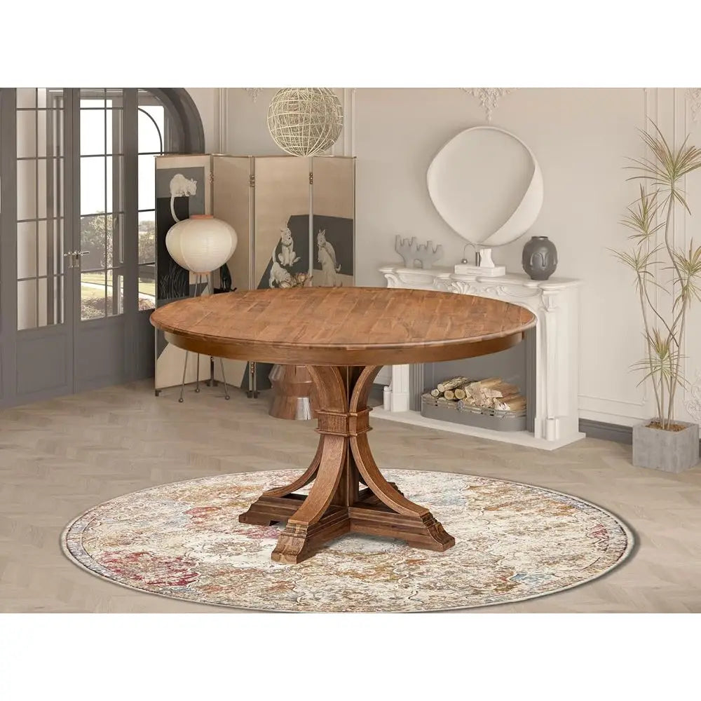 Round Acacia Wood Dining Table, Antique Walnut Finish
