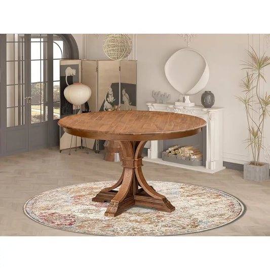 Round Acacia Wood Dining Table, Antique Walnut Finish