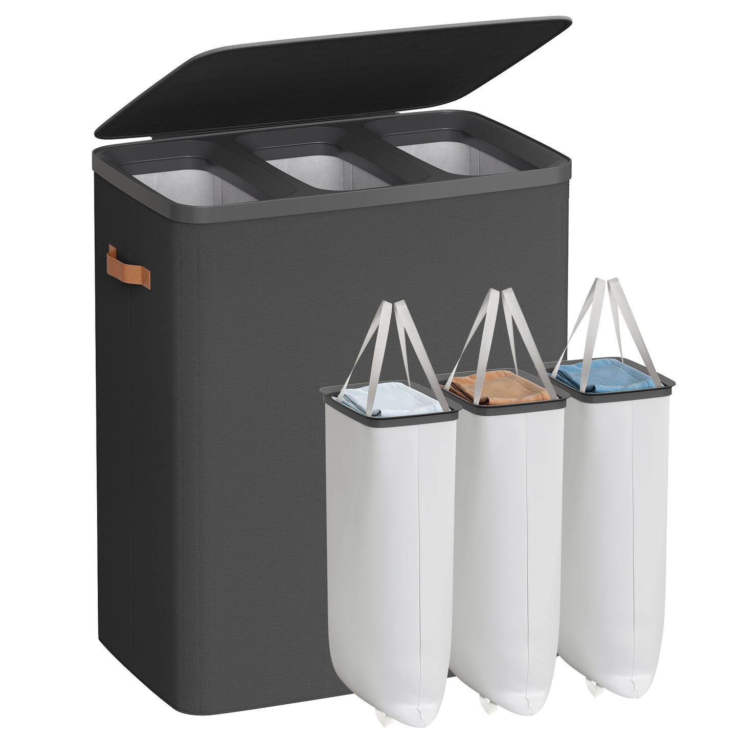 SONGMICS Laundry Basket, 50.2 Gal. Laundry Hamper, 3 Compartments, Easy Assembly, with Lid and Handles, Removable Liners, 25.2 x