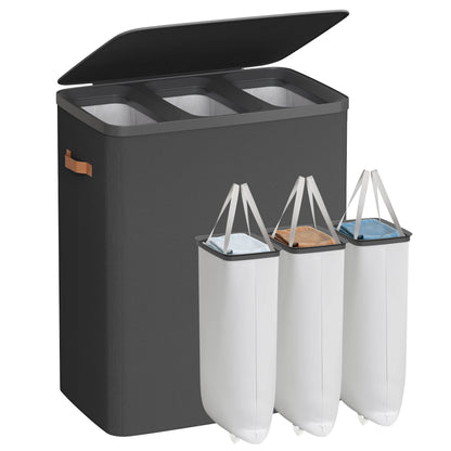 SONGMICS Laundry Basket, 50.2 Gal. Laundry Hamper, 3 Compartments, Easy Assembly, with Lid and Handles, Removable Liners, 25.2 x