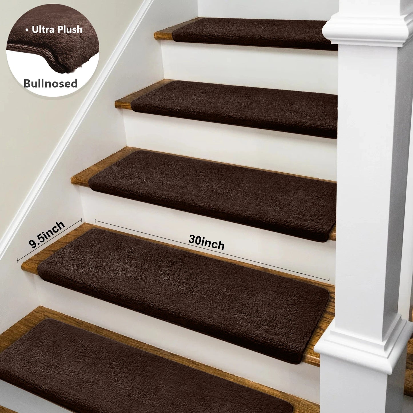 Bullnose Non-Slip Stair Treads -Ultra Plush- Washable Self-Adhesive