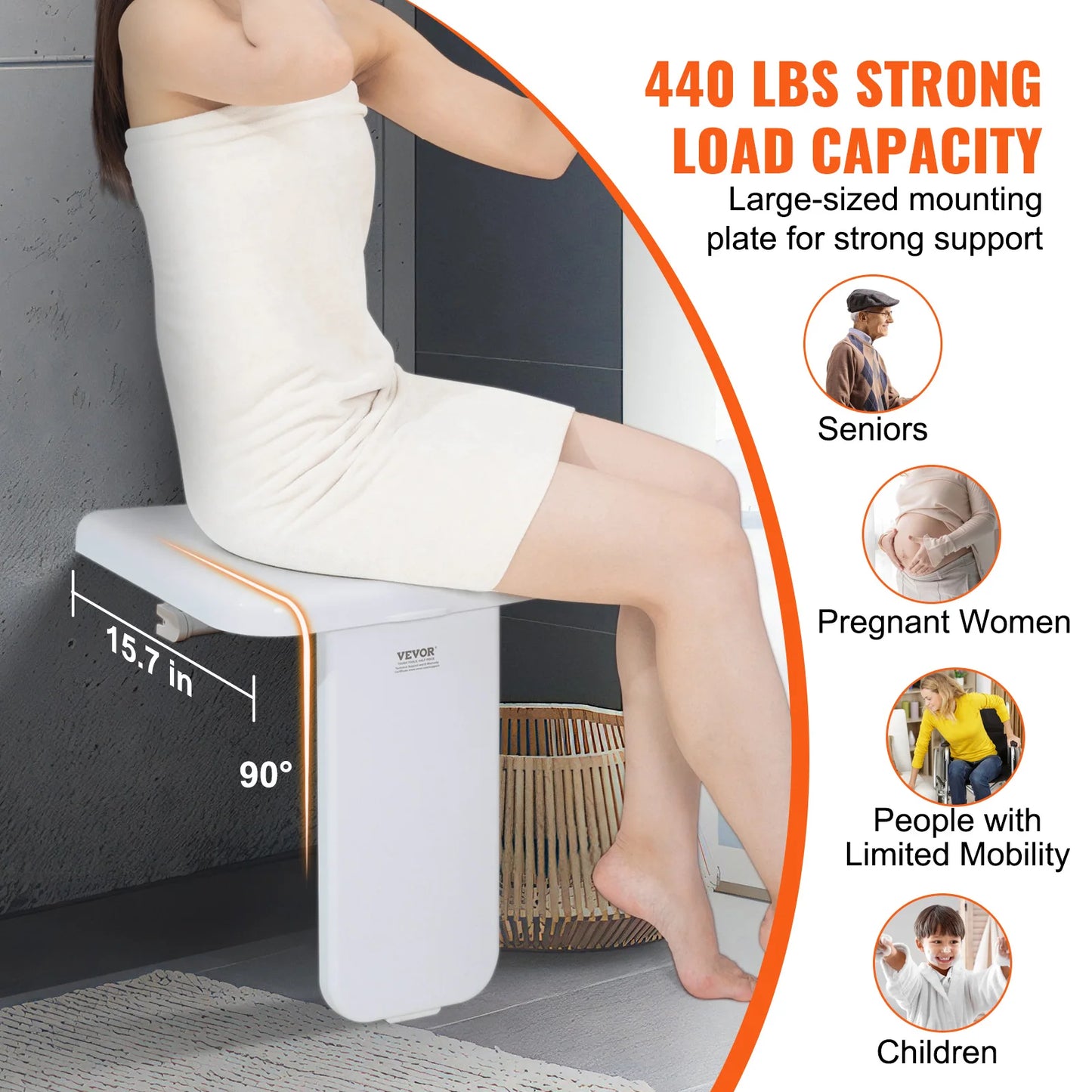 Folding ABS Shower Seat 15.7'' x 16.7'' 440 lbs Load Capacity