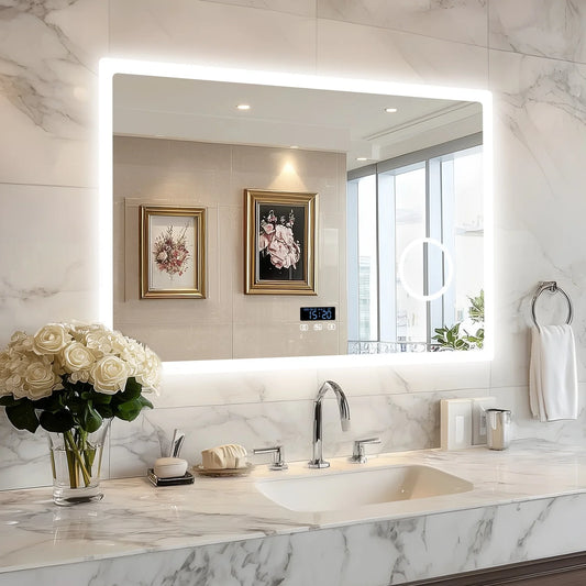 80/100/120/CM LED Bluetooth Bathroom Mirror Dimmable Backlit Vanity Mirror with 3X Magnifier and Screen Display