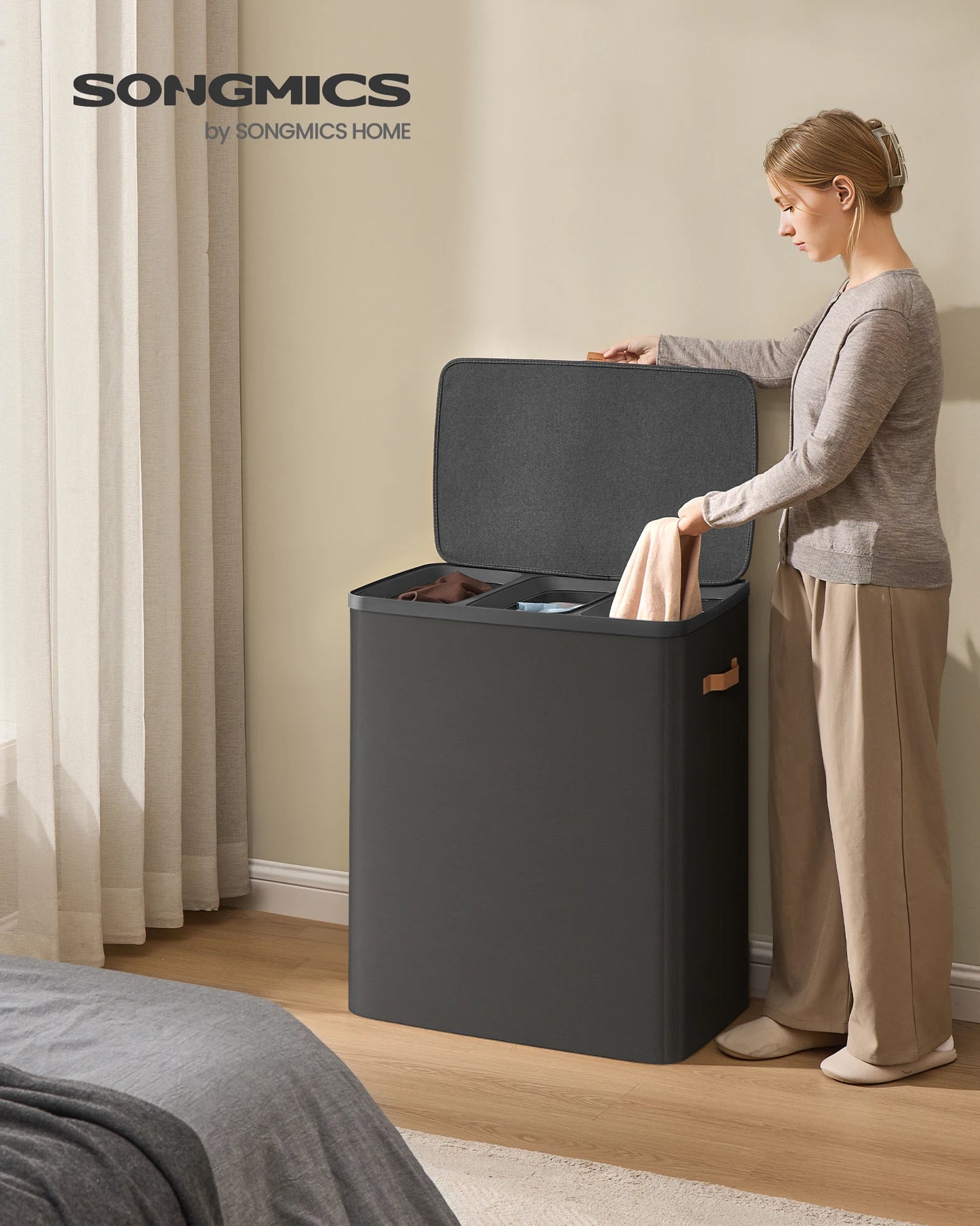 SONGMICS Laundry Basket, 50.2 Gal. Laundry Hamper, 3 Compartments, Easy Assembly, with Lid and Handles, Removable Liners, 25.2 x