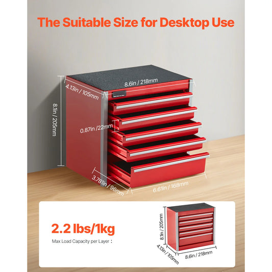 5-Drawer 8.6in Portable Metal Tool Box Red/Black