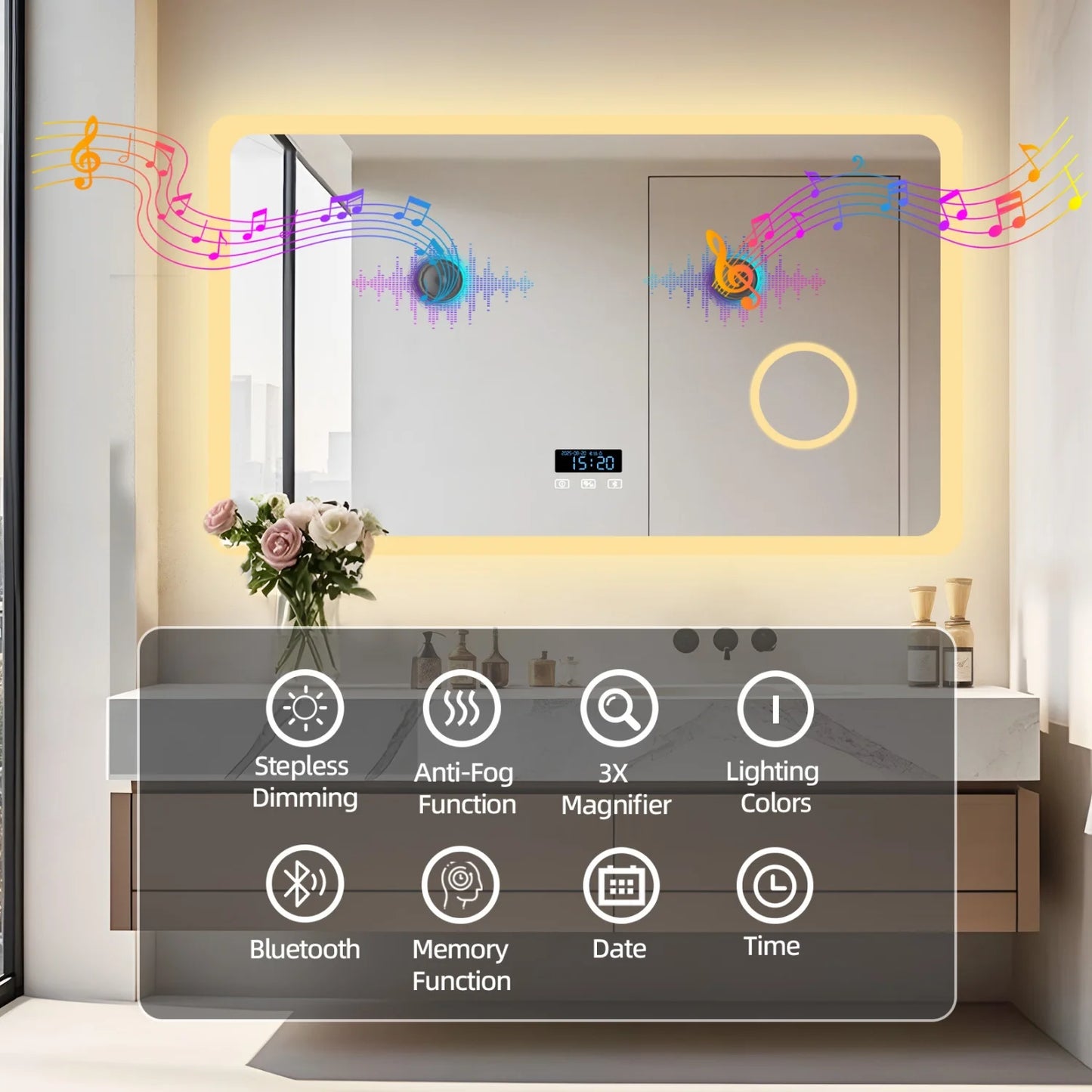 80/100/120/CM LED Bluetooth Bathroom Mirror Dimmable Backlit Vanity Mirror with 3X Magnifier and Screen Display