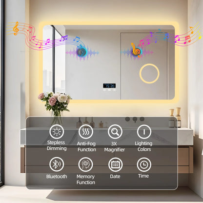 80/100/120/CM LED Bluetooth Bathroom Mirror Dimmable Backlit Vanity Mirror with 3X Magnifier and Screen Display