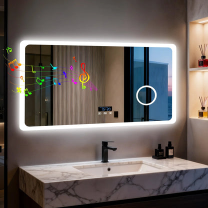 80/100/120/CM LED Bluetooth Bathroom Mirror Dimmable Backlit Vanity Mirror with 3X Magnifier and Screen Display