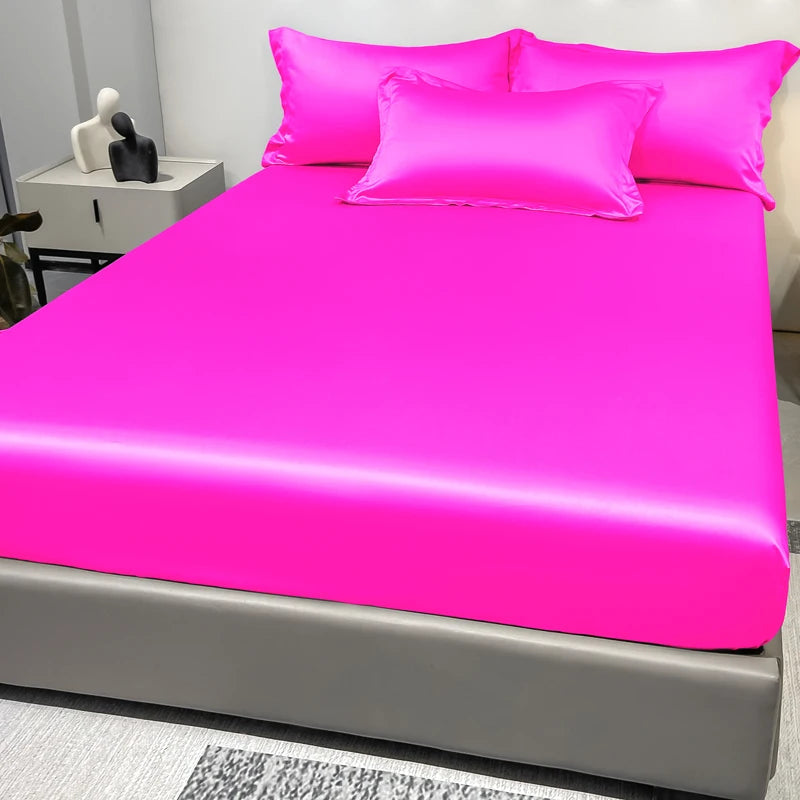 1 Simple Modern Satin Solid Color Fitted Sheet Ice Silk Bedspread