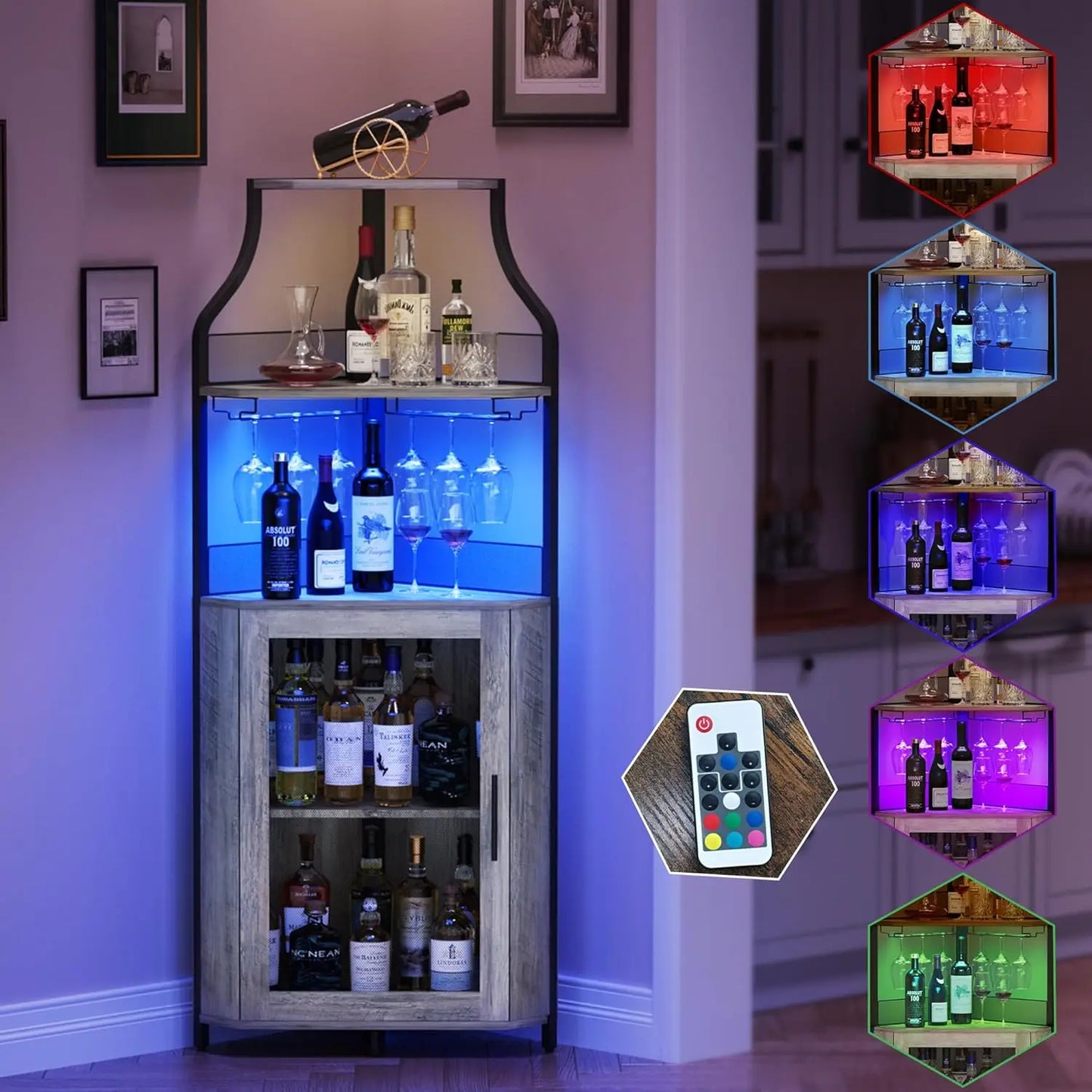 Corner Bar Cabinet Freestanding 5-Tier Wine & Spirits Rack with LED Lights Adjustable Shelves Glass Holder & Mesh Doors for Bar