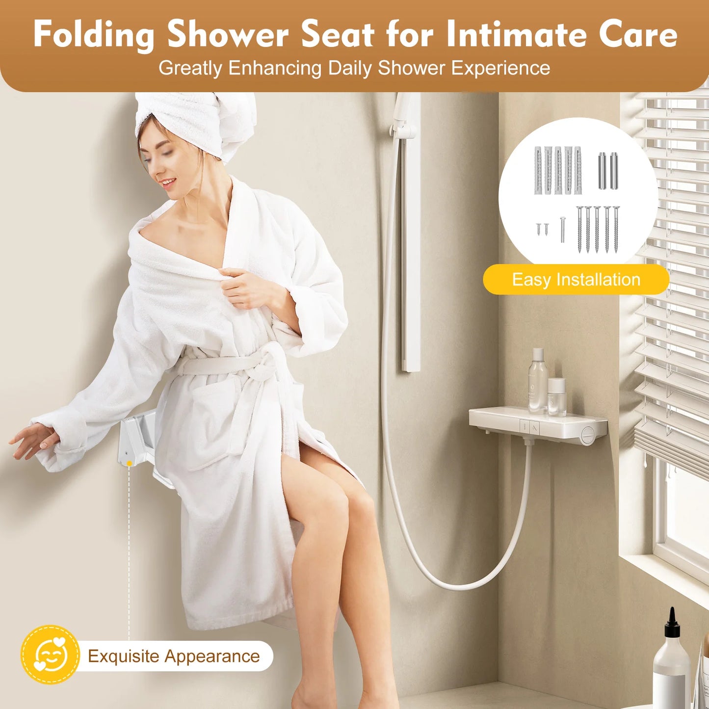 90° Folding Shower Seat Wall-Mounted Waterproof Bench Shoe Changing Stool for Bathrooms Porches 32*34cm
