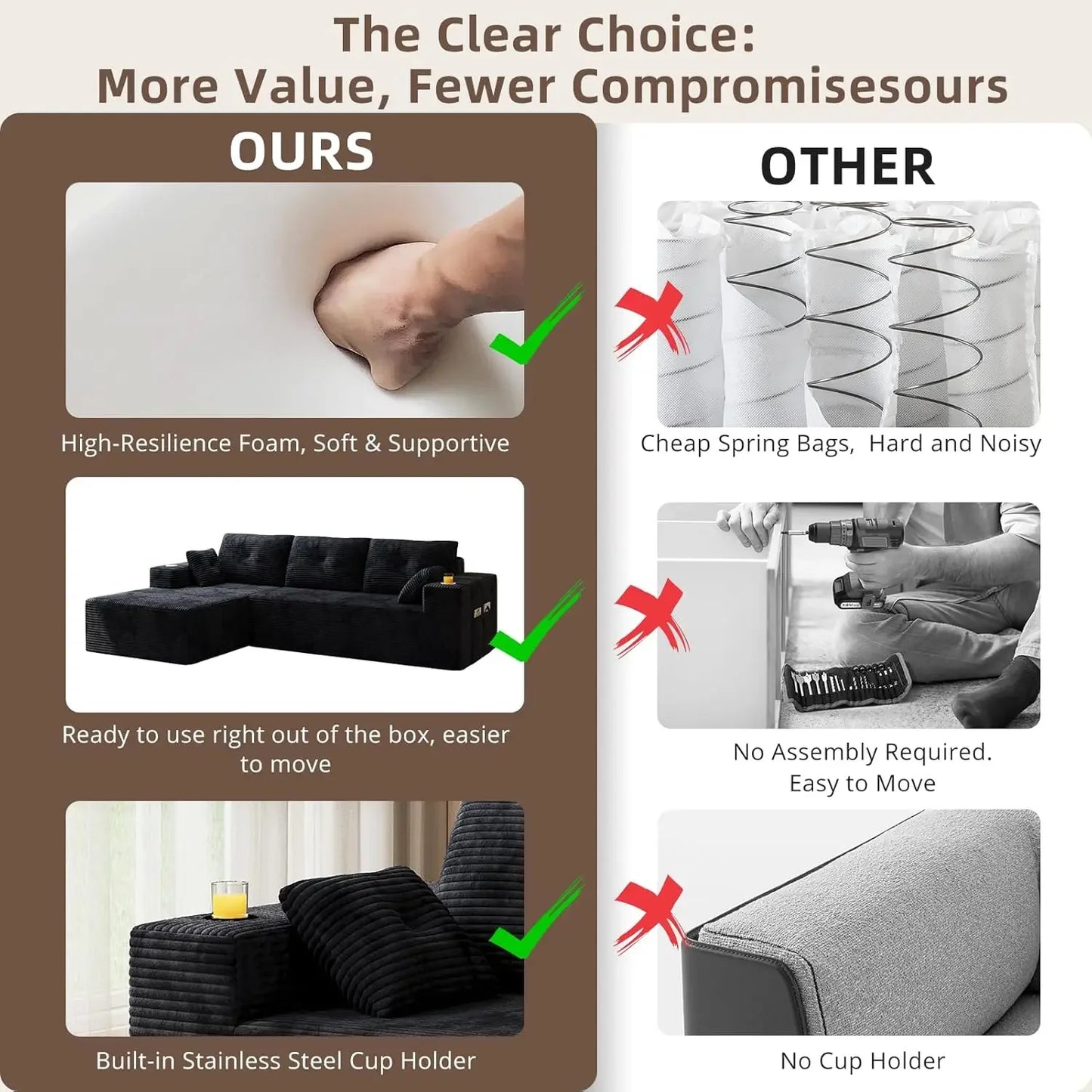 109" Boneless Couches for Living Room Modular Sectional Sofa with Oversized Chaise, L-Shape Cloud Couch with Deep, Customized