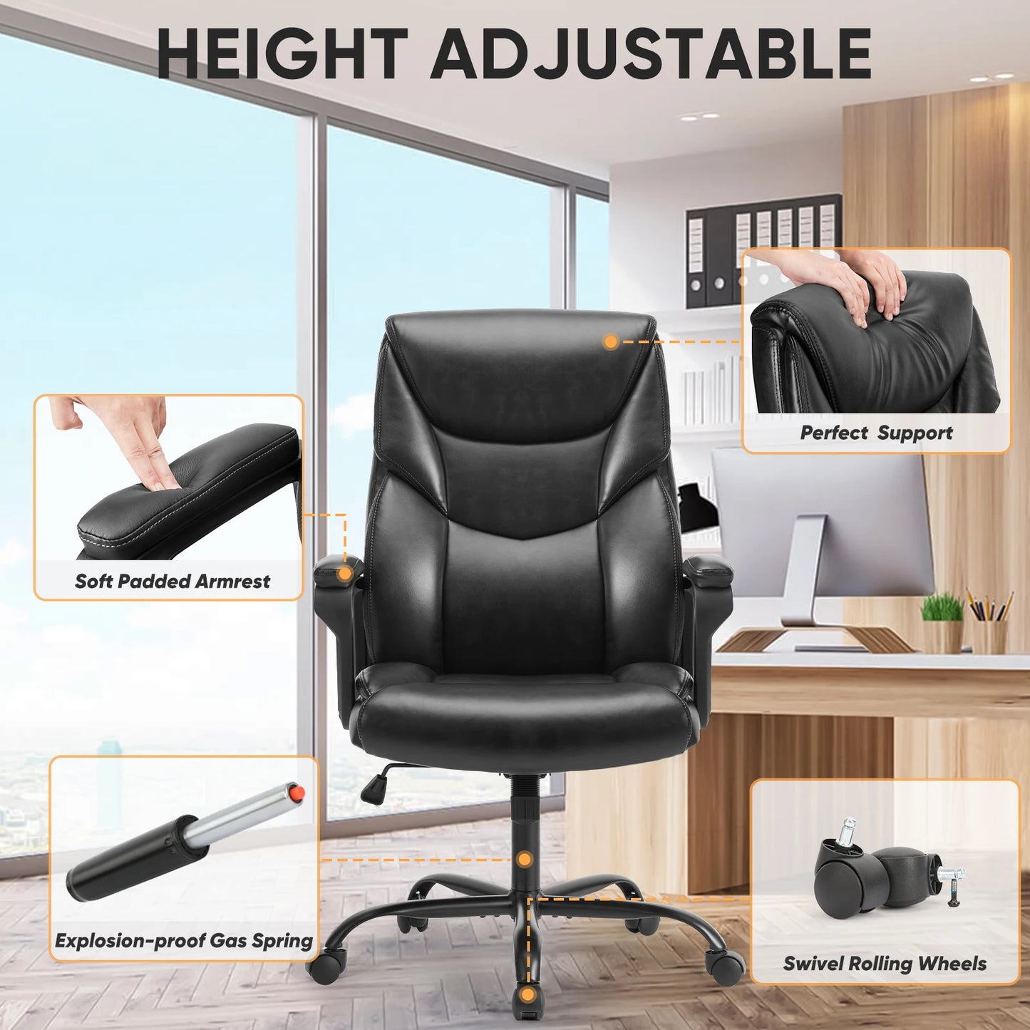 Ergonomic PU Leather Padded Chair Swivel Wheel With Lumbar Support