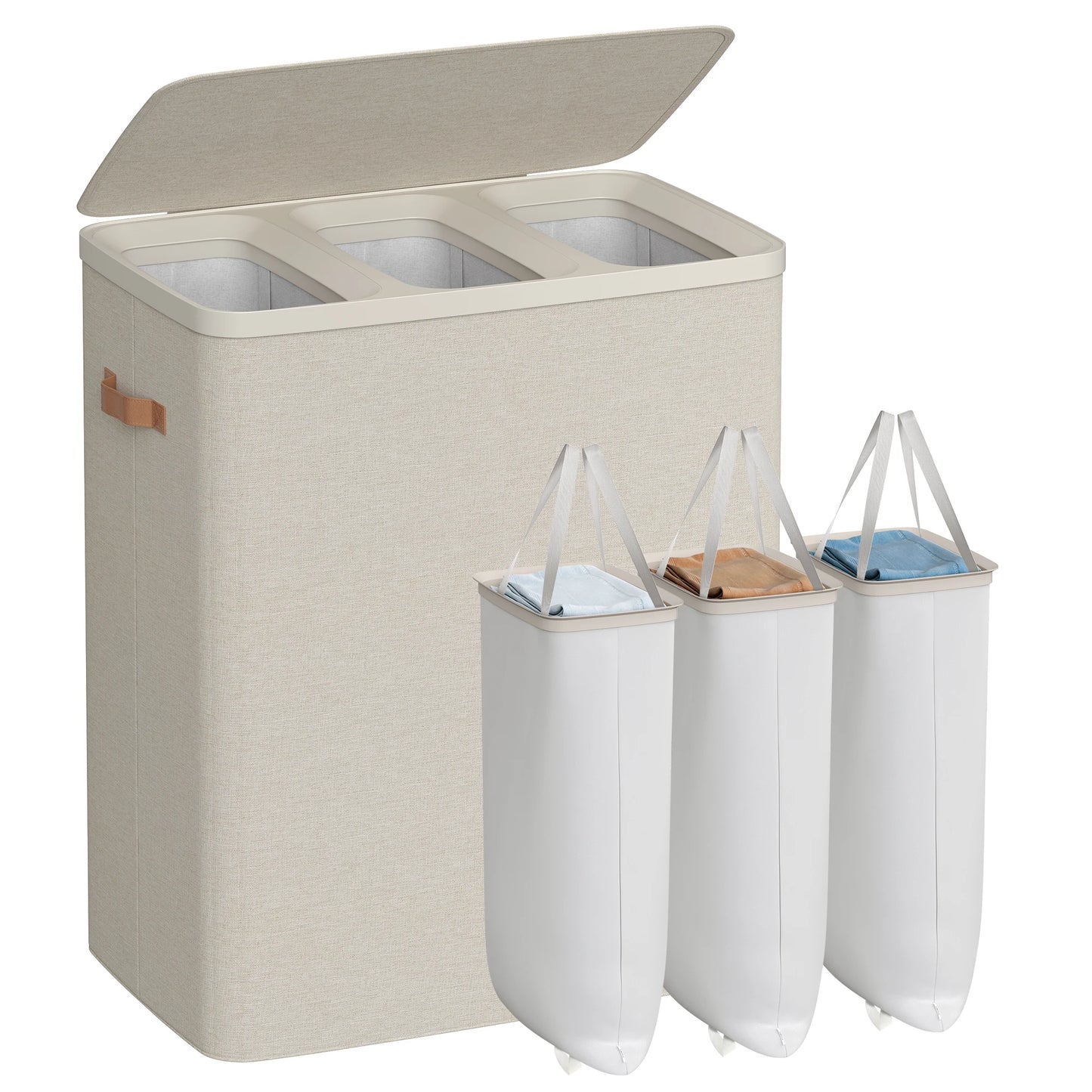 SONGMICS Laundry Basket, 50.2 Gal. Laundry Hamper, 3 Compartments, Easy Assembly, with Lid and Handles, Removable Liners, 25.2 x