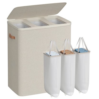 SONGMICS Laundry Basket, 50.2 Gal. Laundry Hamper, 3 Compartments, Easy Assembly, with Lid and Handles, Removable Liners, 25.2 x