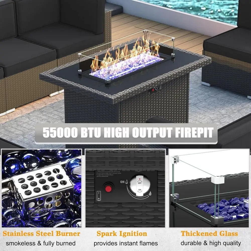 10-Piece Outdoor Wicker Rattan Patio Furniture Set with Propane Fire Pit and Coffee Table