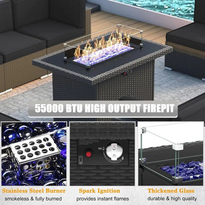 10-Piece Outdoor Wicker Rattan Patio Furniture Set with Propane Fire Pit and Coffee Table