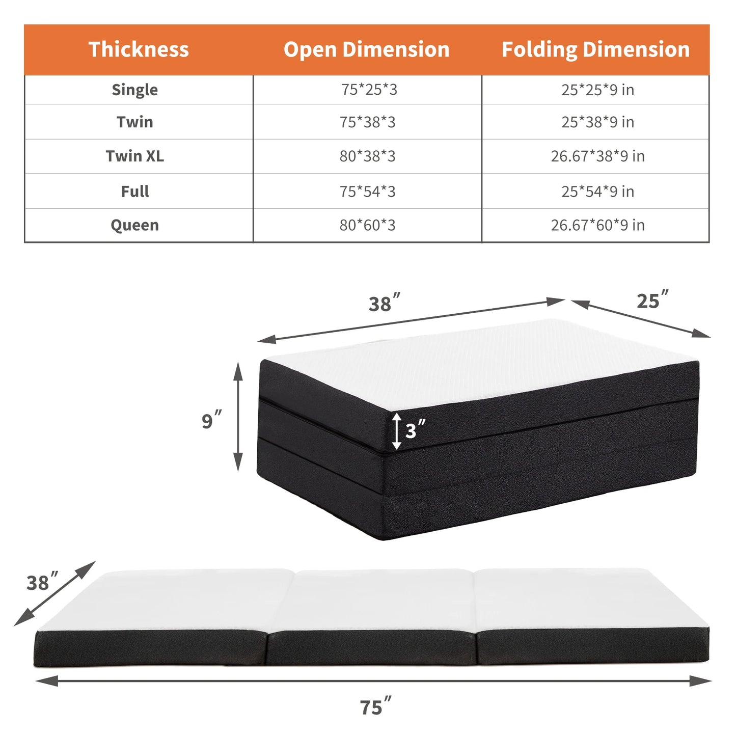 Tri-Fold Memory Foam Mattress with Collapsible and Washable Cover