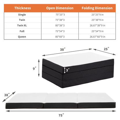 Tri-Fold Memory Foam Mattress with Collapsible and Washable Cover
