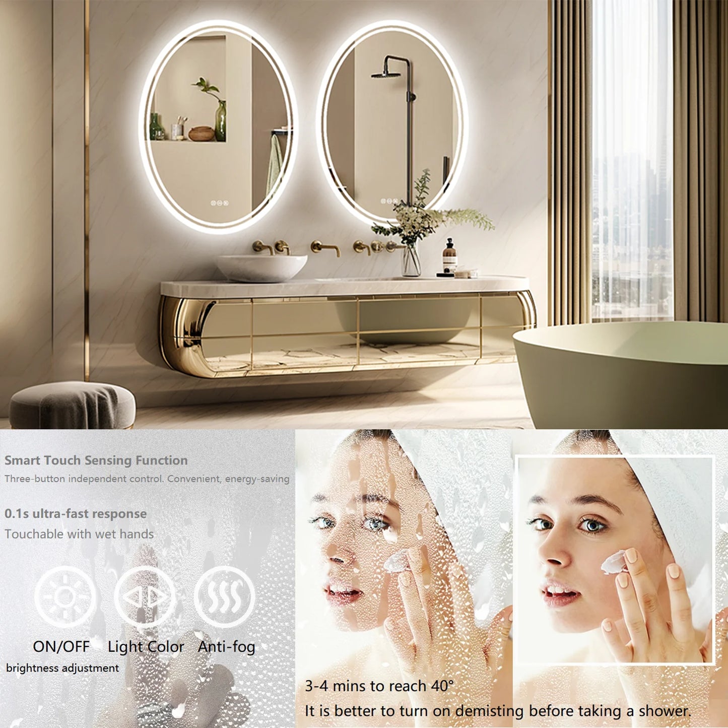 LED Bathroom Mirror Backlit Round Vanity Mirror Anti-Fog Dimmable Makeup Mirror