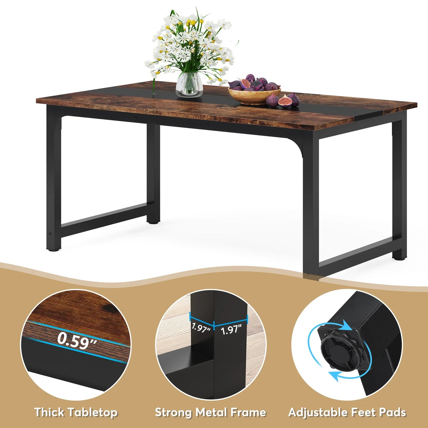 63"x31.5" Industrial Rectangular Kitchen Table for 6-8 Person