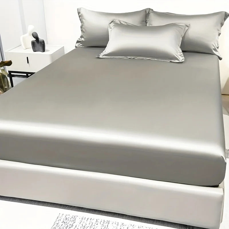 1 Simple Modern Satin Solid Color Fitted Sheet Ice Silk Bedspread