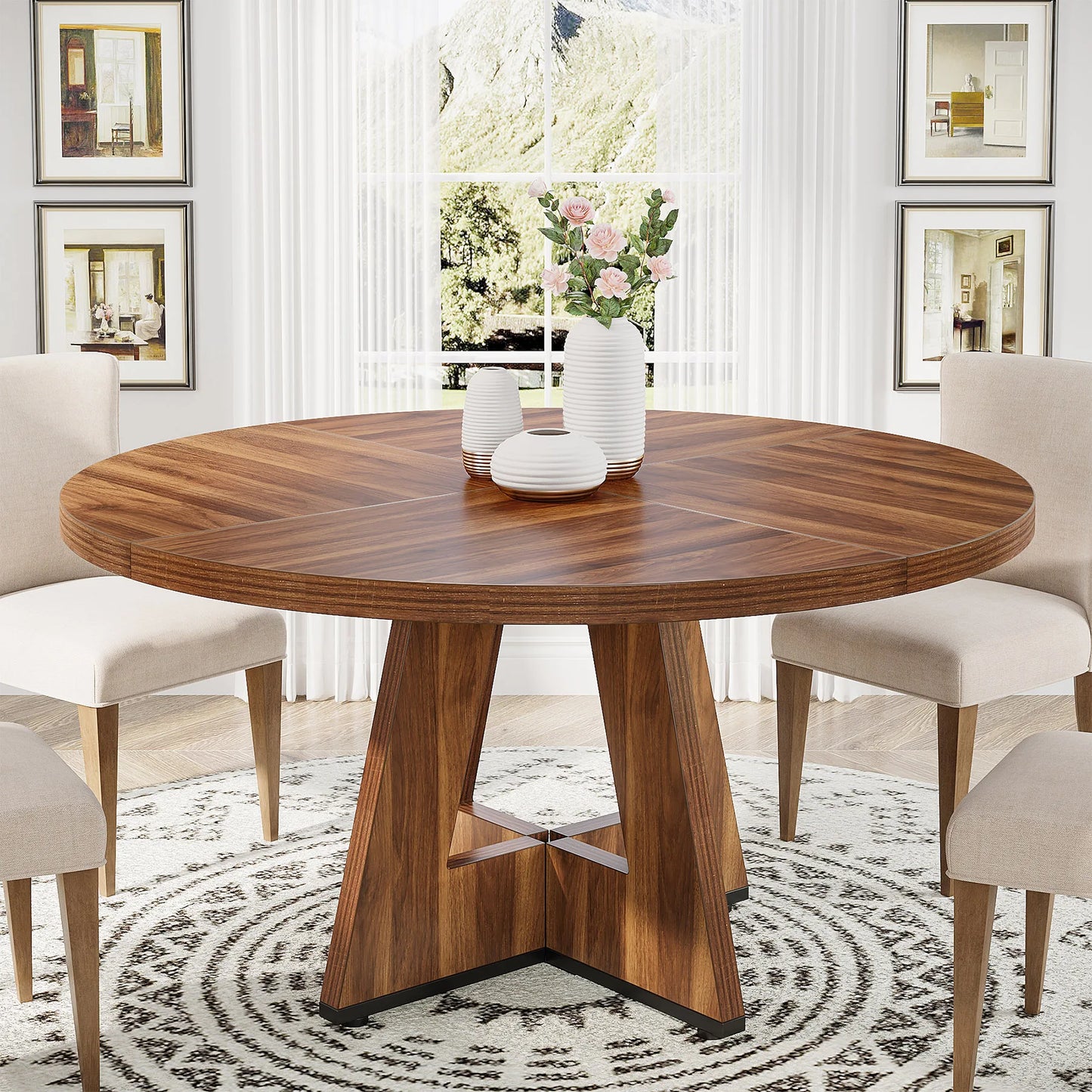 Round Beautiful Wood Dining Table for 4