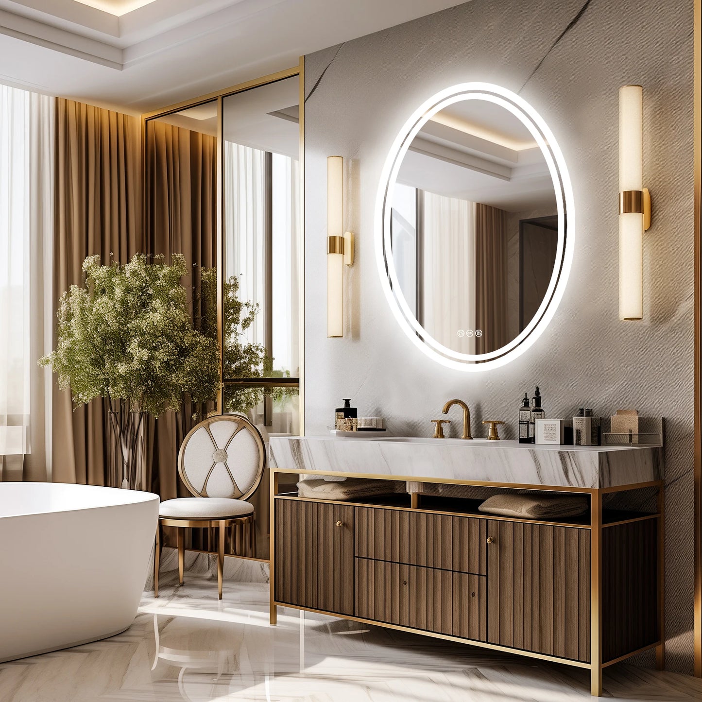 LED Bathroom Mirror Backlit Round Vanity Mirror Anti-Fog Dimmable Makeup Mirror