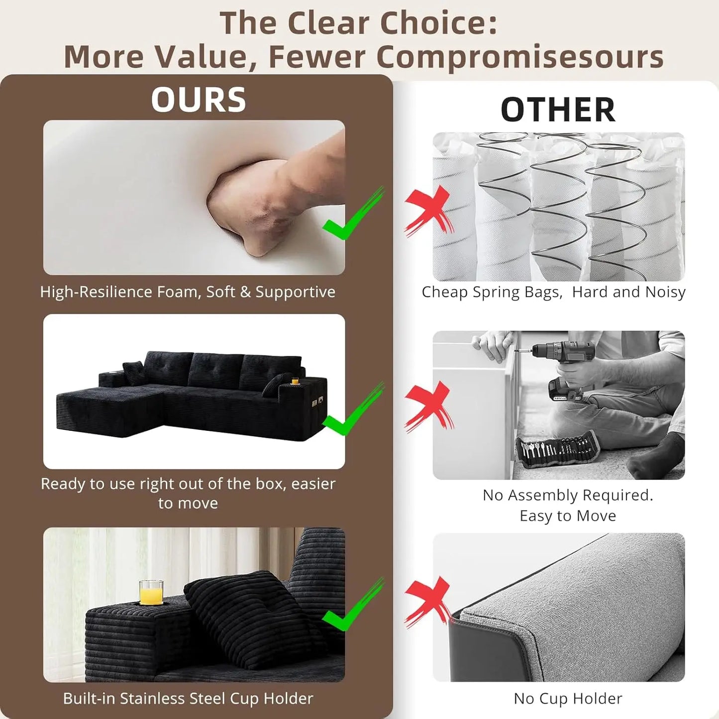 109" Boneless Couches for Living Room Modular Sectional Sofa with Oversized Chaise, L-Shape Cloud Couch with Deep, Customized