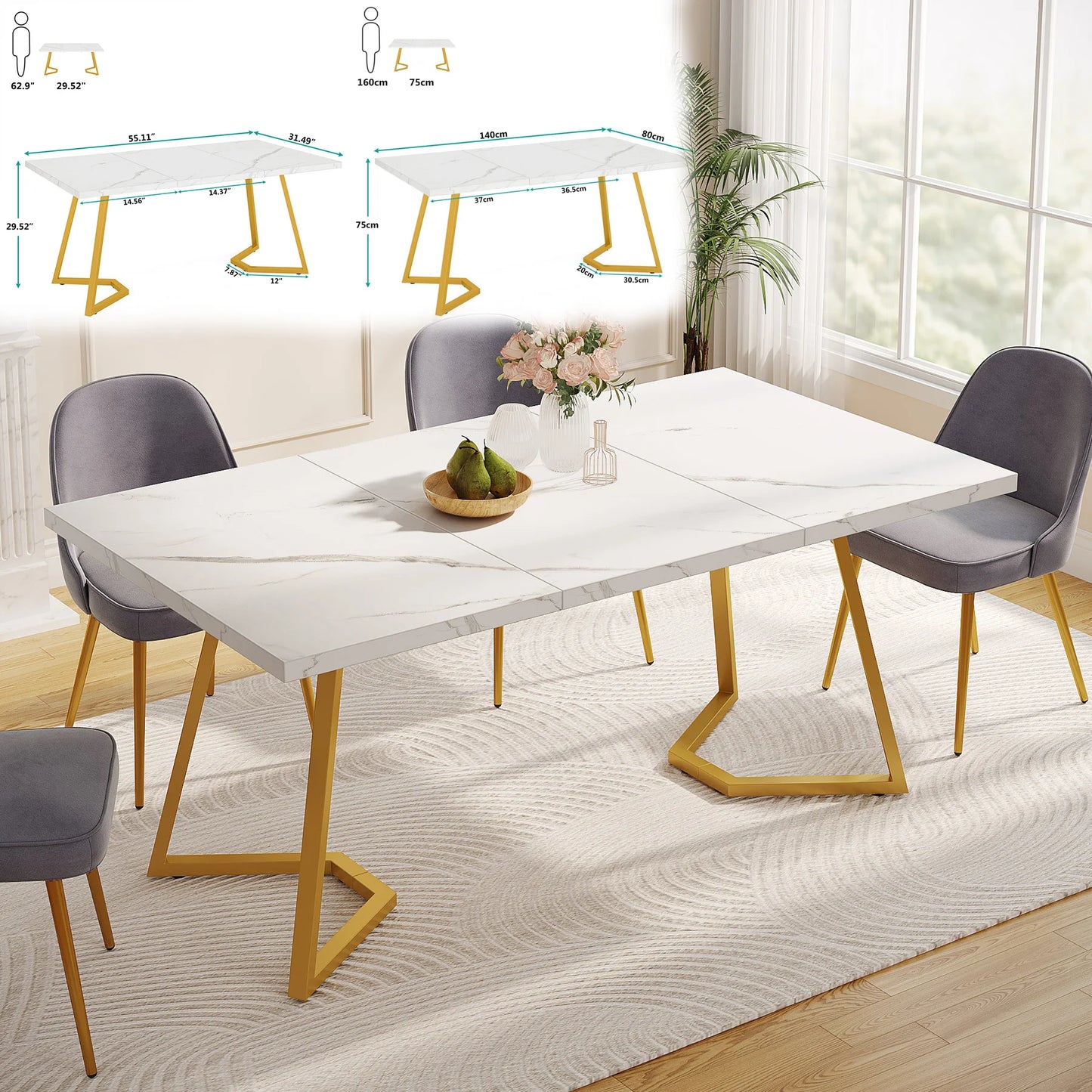 63-Inch Rectangular Dining Table with Faux Marble Table Top