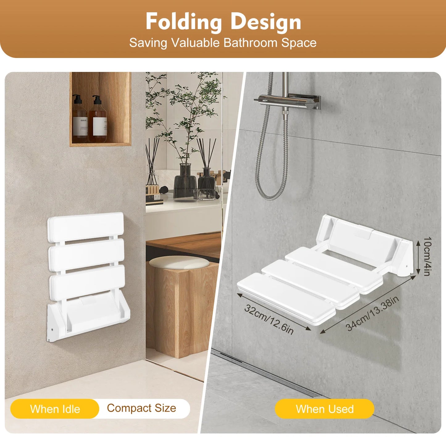 90° Folding Shower Seat Wall-Mounted Waterproof Bench Shoe Changing Stool for Bathrooms Porches 32*34cm