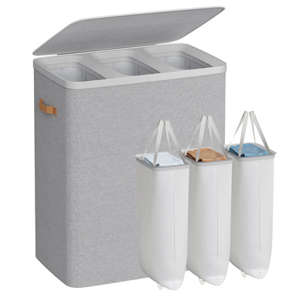 SONGMICS Laundry Basket, 50.2 Gal. Laundry Hamper, 3 Compartments, Easy Assembly, with Lid and Handles, Removable Liners, 25.2 x