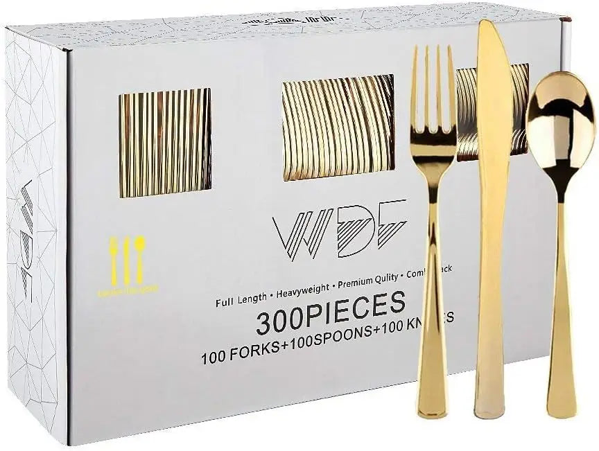 300-Piece Gold Plastic Silverware Set: Heavy Duty Disposable Cutlery