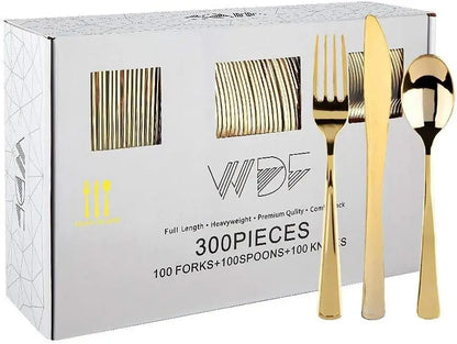 300-Piece Gold Plastic Silverware Set: Heavy Duty Disposable Cutlery