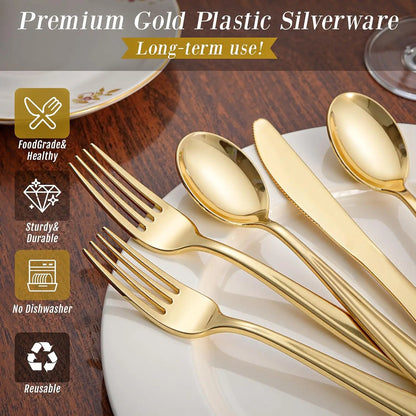 300-Piece Gold Plastic Silverware Set: Heavy Duty Disposable Cutlery