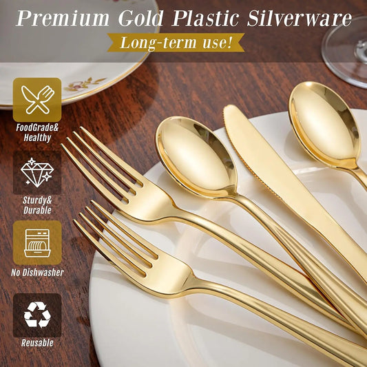 300-Piece Gold Plastic Silverware Set: Heavy Duty Disposable Cutlery