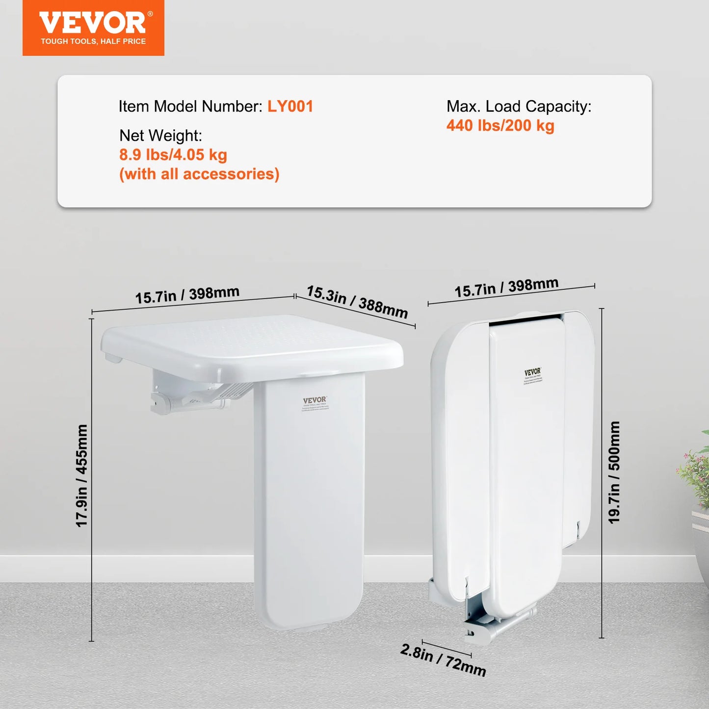 Folding ABS Shower Seat 15.7'' x 16.7'' 440 lbs Load Capacity