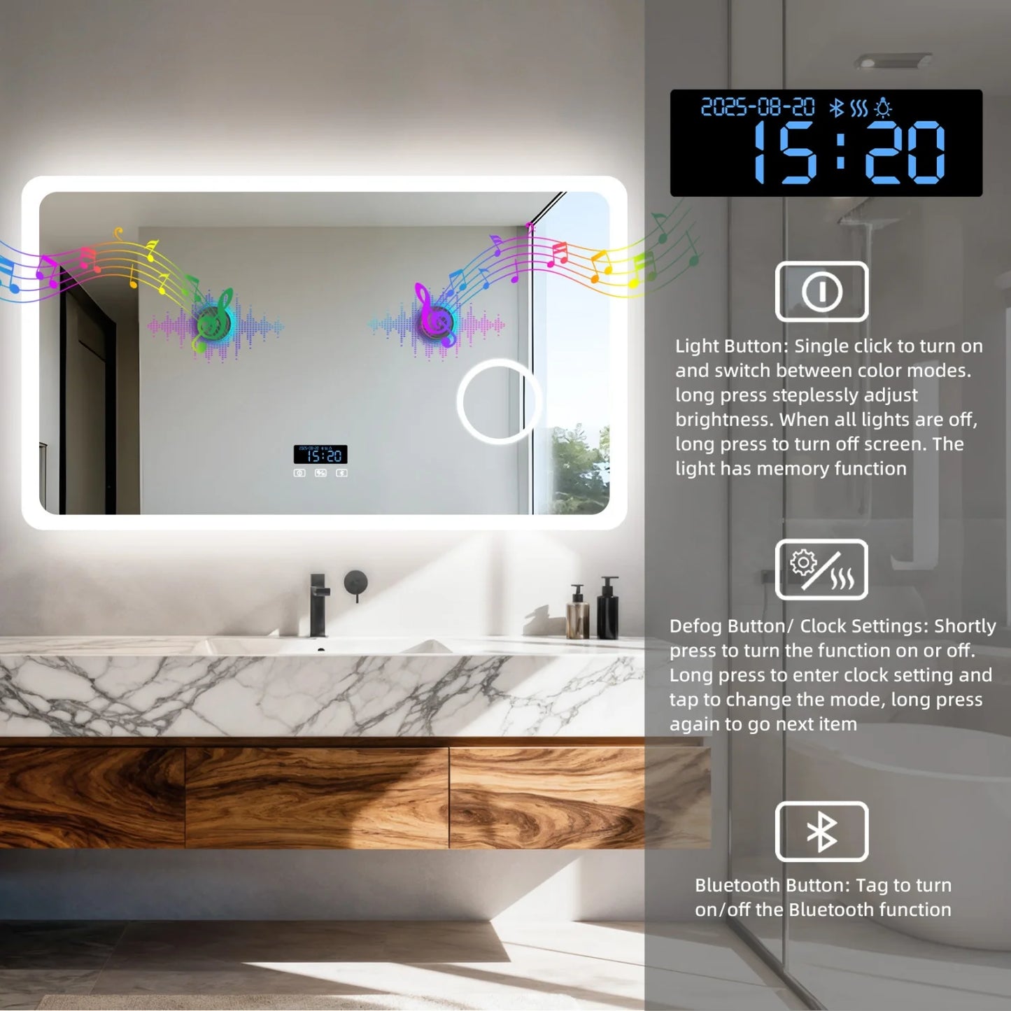 80/100/120/CM LED Bluetooth Bathroom Mirror Dimmable Backlit Vanity Mirror with 3X Magnifier and Screen Display