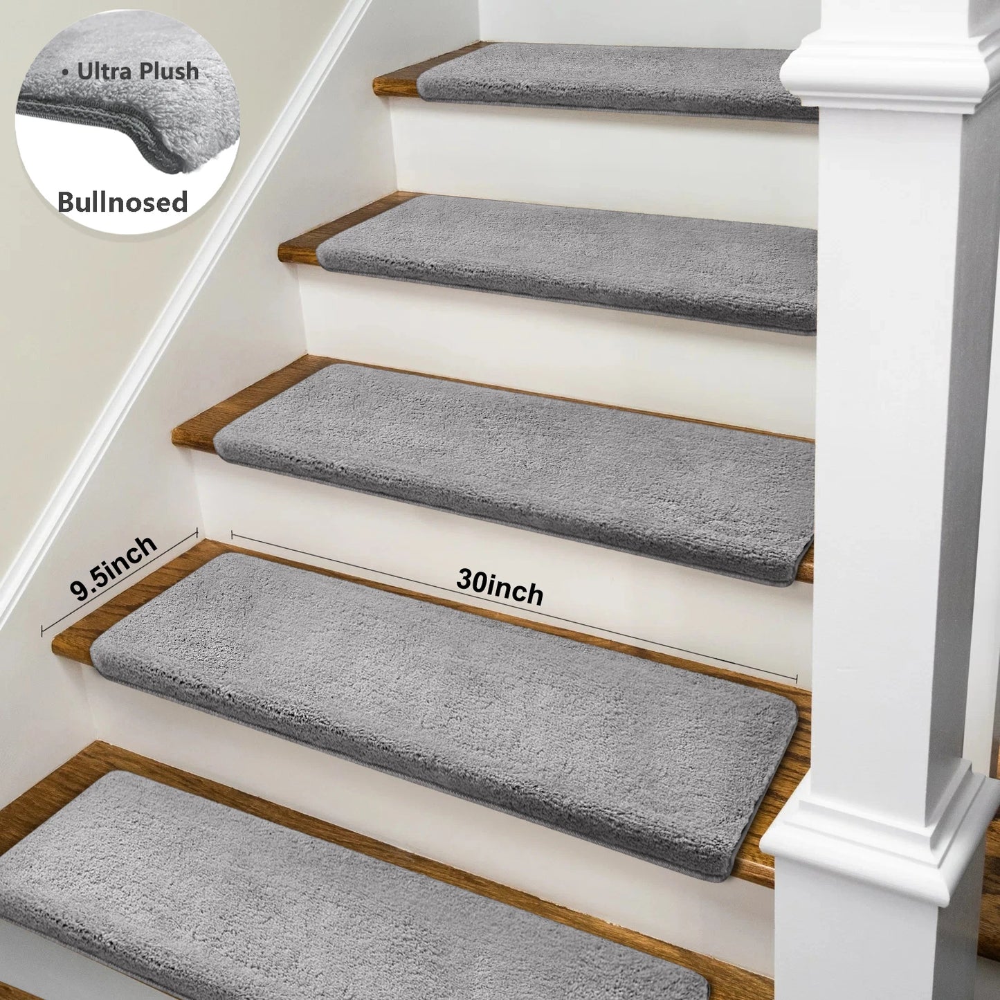 Bullnose Non-Slip Stair Treads -Ultra Plush- Washable Self-Adhesive