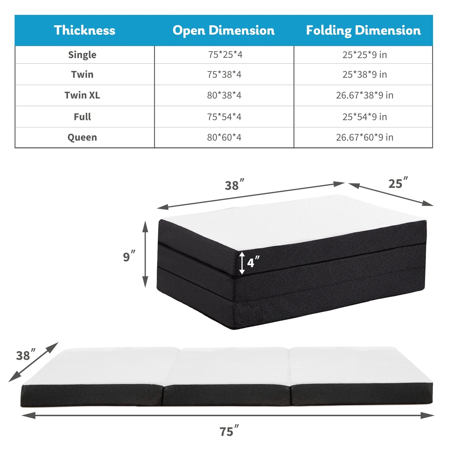 Tri-Fold Memory Foam Mattress with Collapsible and Washable Cover