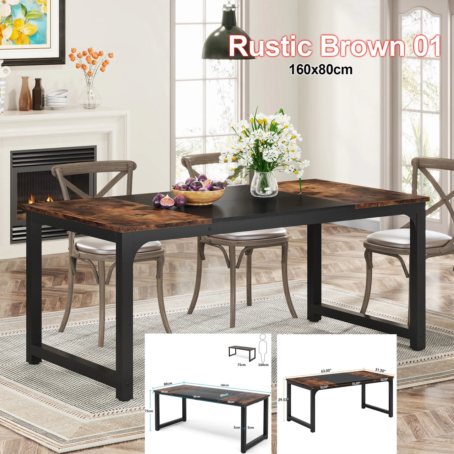 63"x31.5" Industrial Rectangular Kitchen Table for 6-8 Person