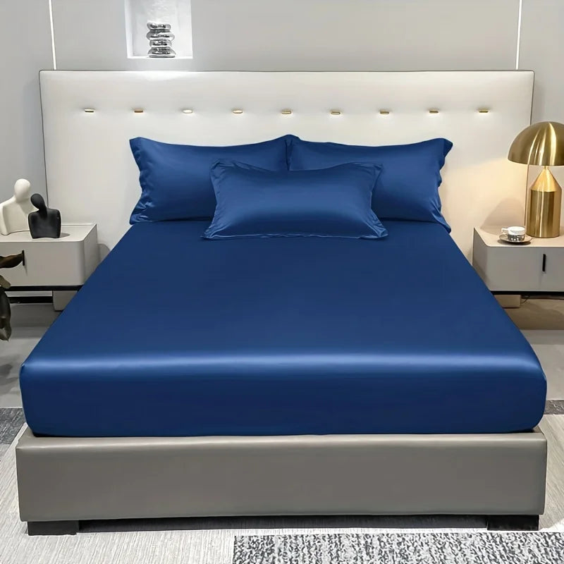 1 Simple Modern Satin Solid Color Fitted Sheet Ice Silk Bedspread