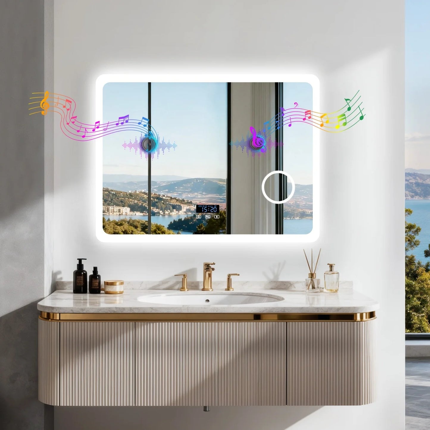 80/100/120/CM LED Bluetooth Bathroom Mirror Dimmable Backlit Vanity Mirror with 3X Magnifier and Screen Display