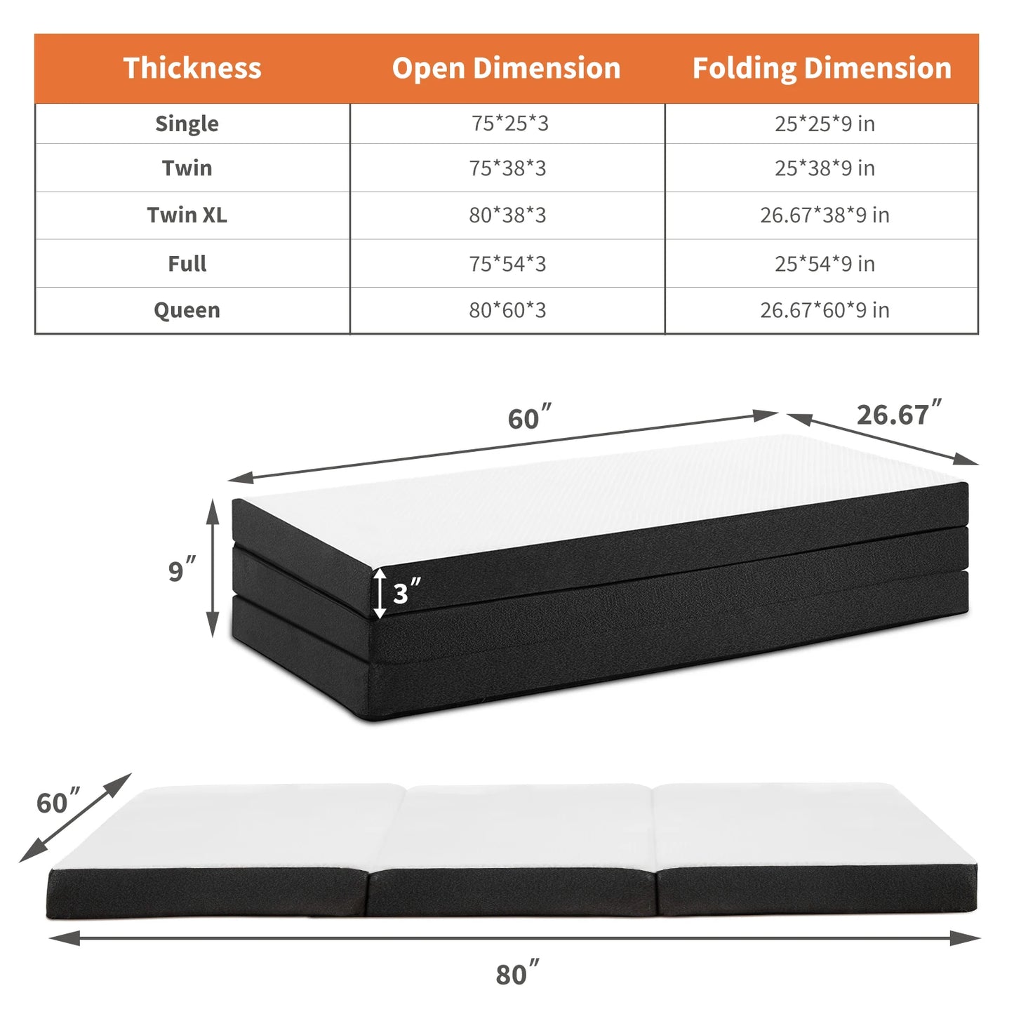 Tri-Fold Memory Foam Mattress with Collapsible and Washable Cover