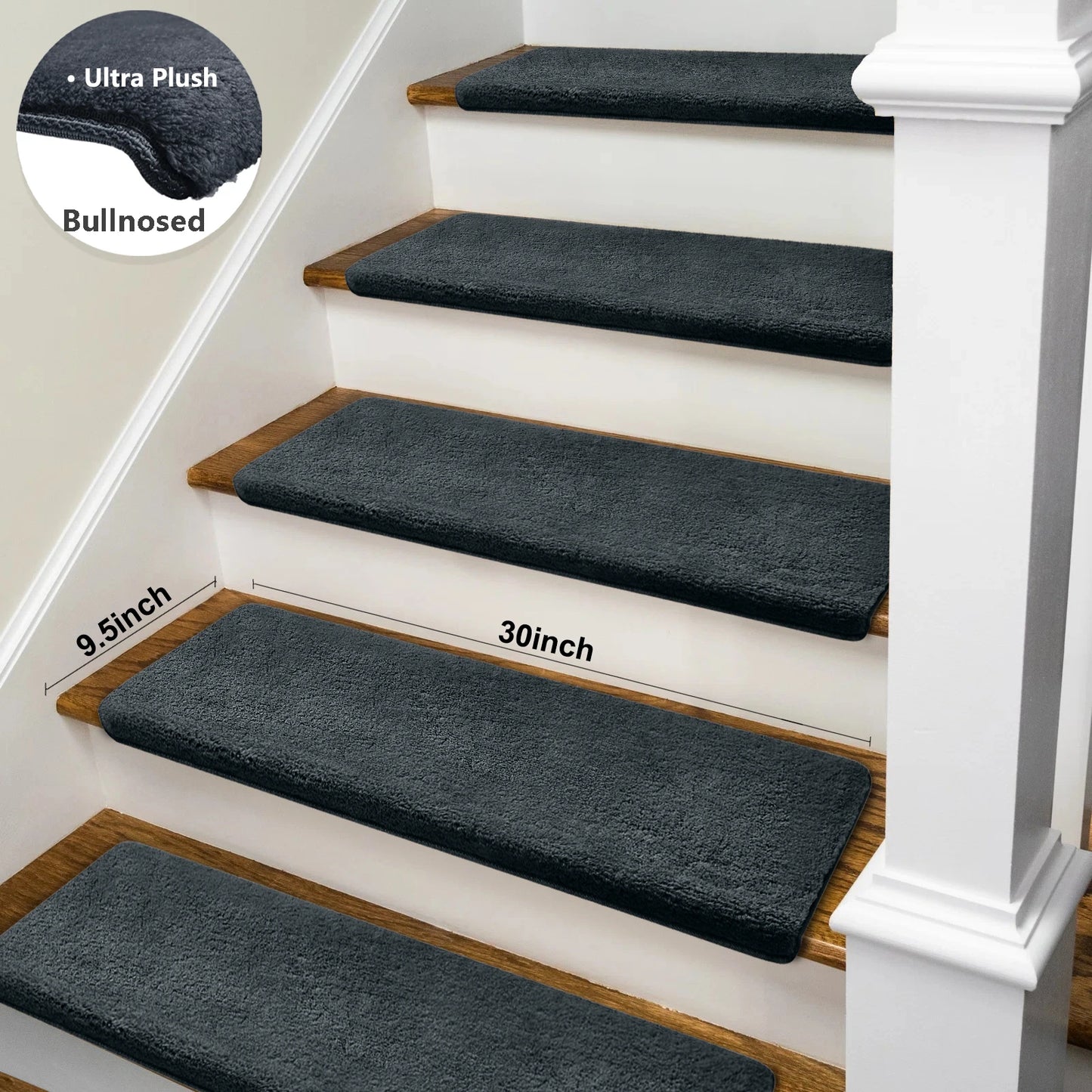 Bullnose Non-Slip Stair Treads -Ultra Plush- Washable Self-Adhesive