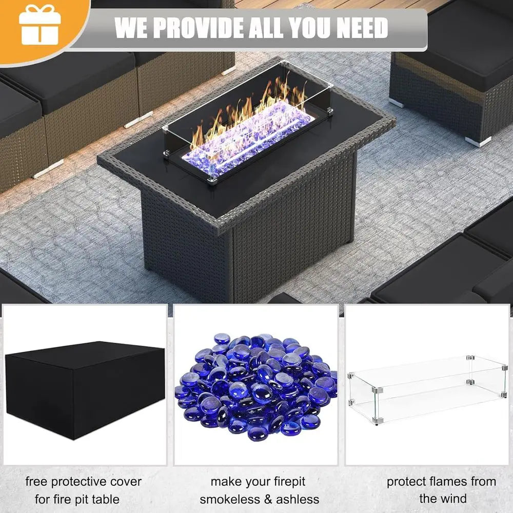 10-Piece Outdoor Wicker Rattan Patio Furniture Set with Propane Fire Pit and Coffee Table