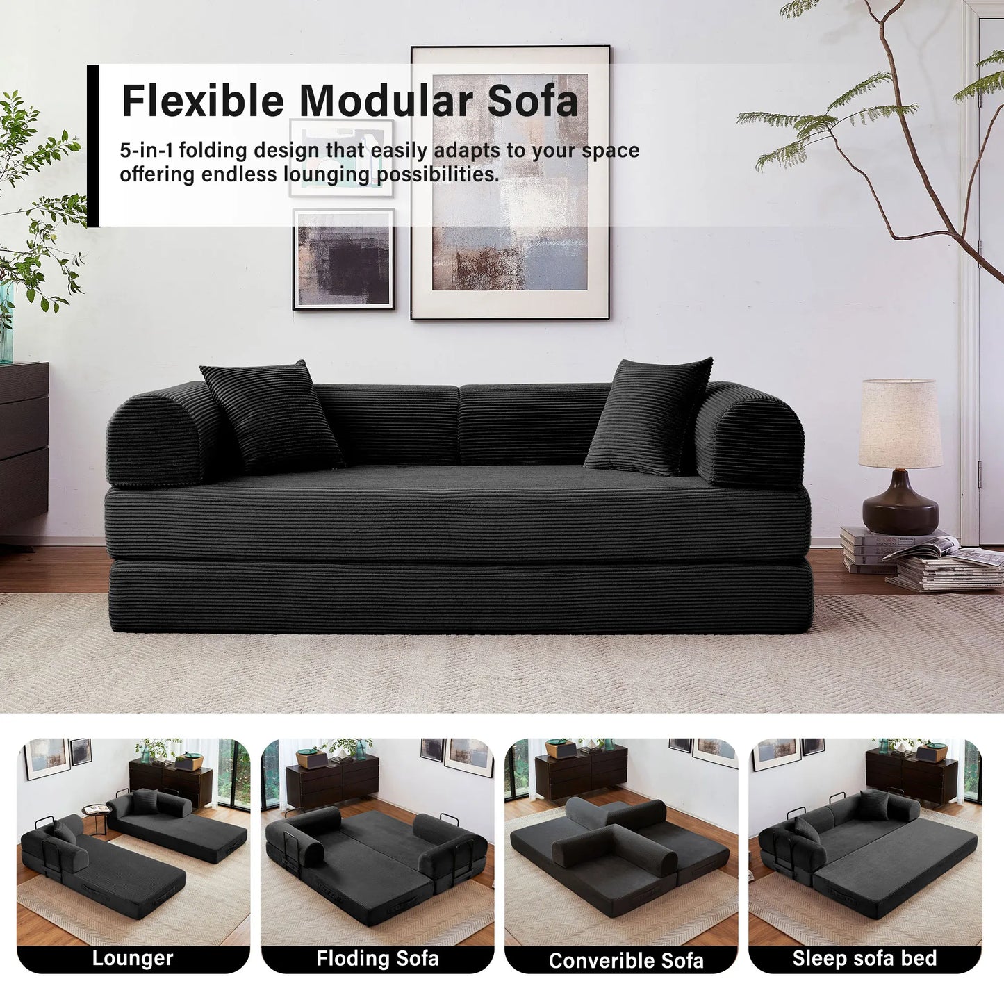 79'' Boneless Couch Foldable Convertible Futon Sleeper Sofa Bed