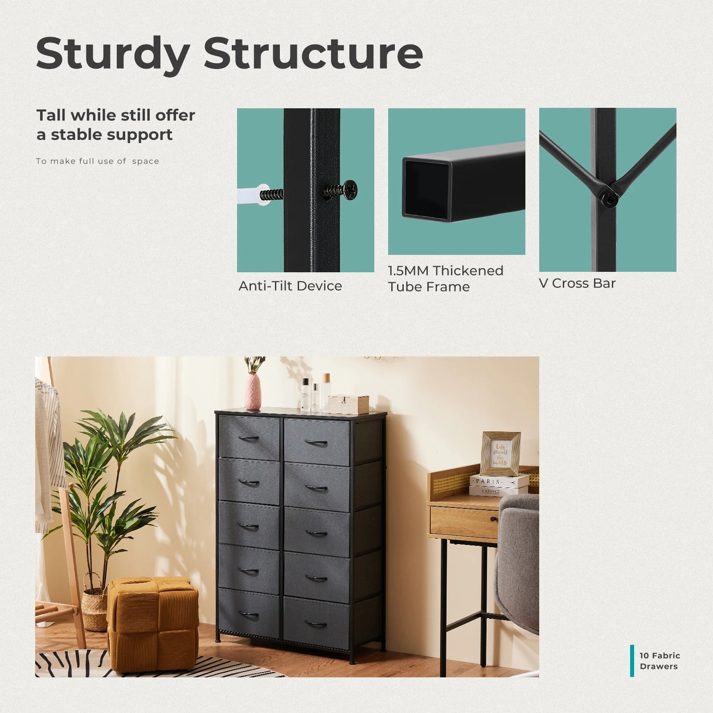 Bedside Table  With 10 Fabric Drawers Nightstand