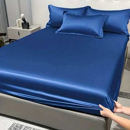 1 Simple Modern Satin Solid Color Fitted Sheet Ice Silk Bedspread