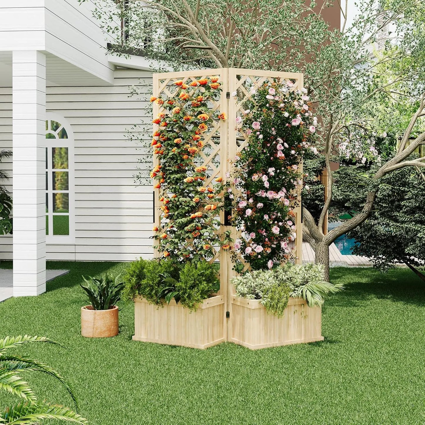 41"x10"x65" Freestanding Privacy Fence with Planter Box & Trellis